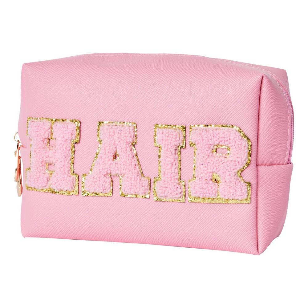 Preppy Patch Hair Travel Makeup Bag PU Leather Cosmetic Toiletry Organizer