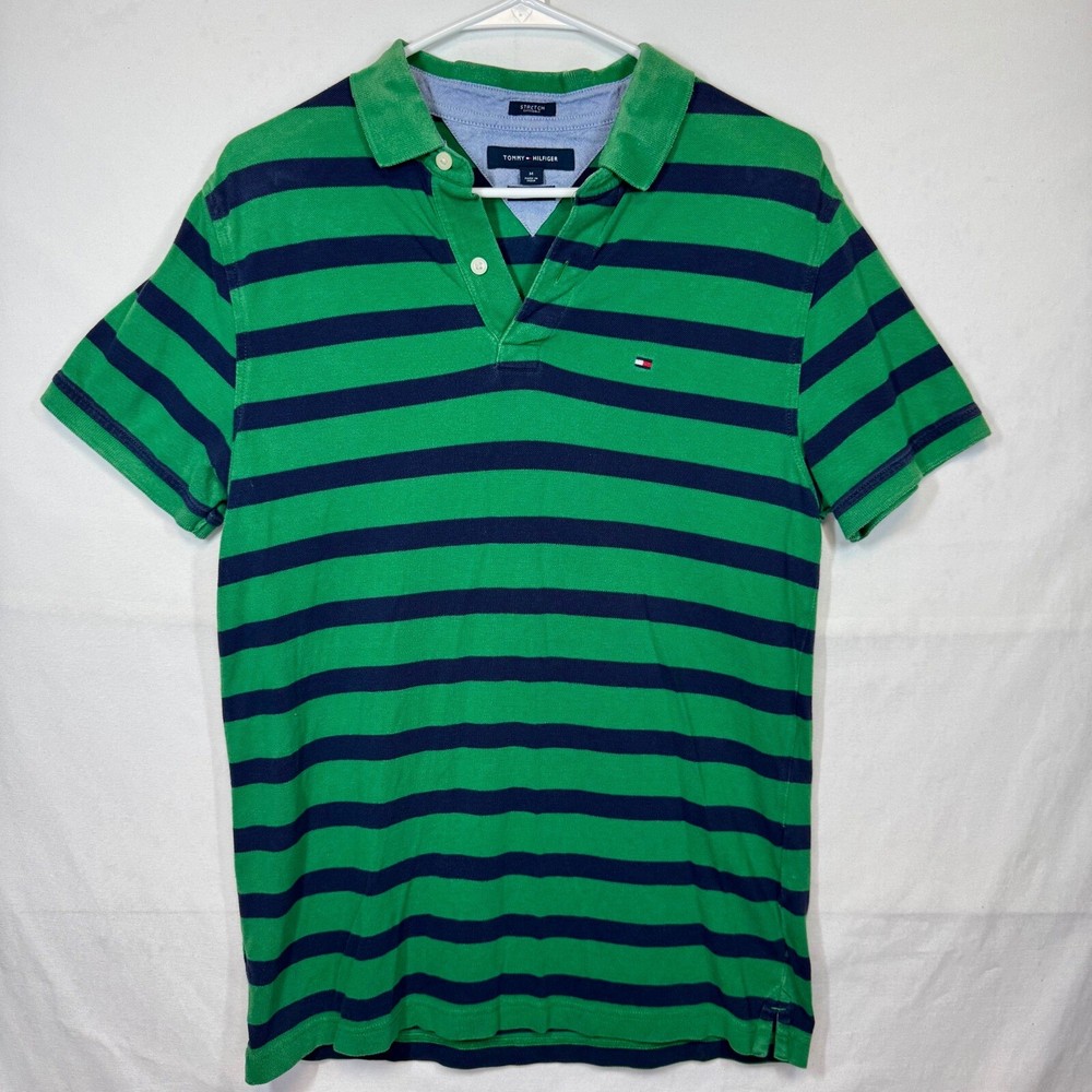 Tommy Hilfiger Men's Slim Fit Striped Polo Shirt in Green Blue Size Medium