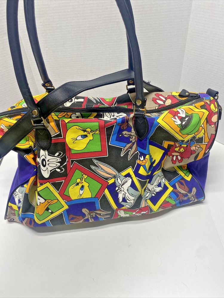 Vintage 1993 Looney Tunes Duffle Bag with Bugs Bunny Taz Tweety Purple Black