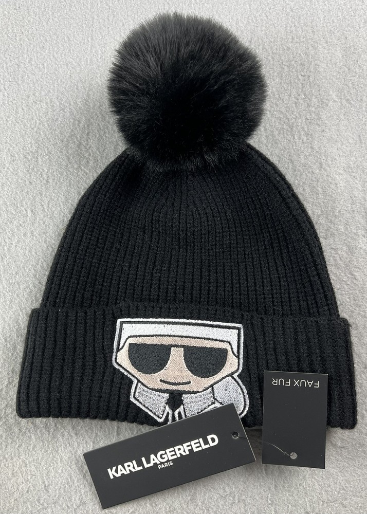 KARL LAGERFELD Black Beanie with Faux Fur Pom Pom and Embroidered Karl Rhinestone Detail NWT