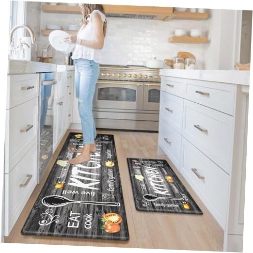 Anti Slip Grey Farmhouse Kitchen Mat Set of 2 - Waterproof & Anti Fatigue