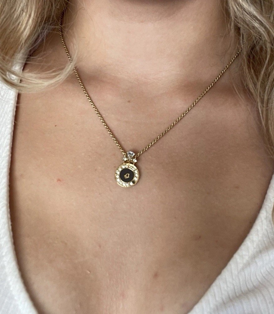 christian dior gold plated round circle rhinestone logo pendant necklace