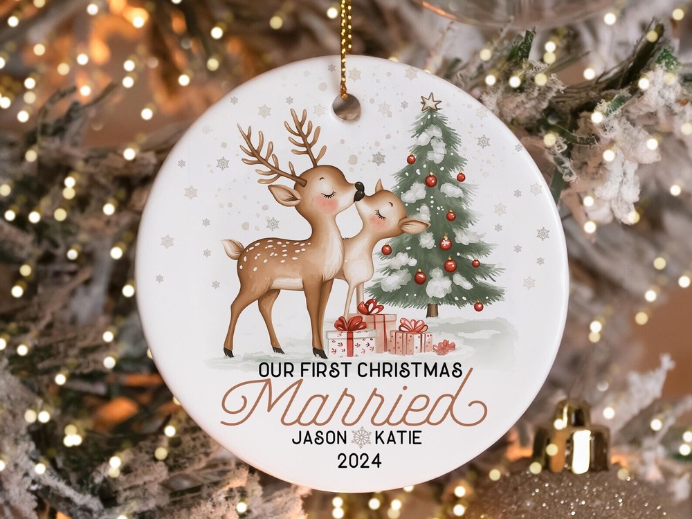 Custom Reindeer Ceramic Christmas Ornament Our First Married Year Keepsake