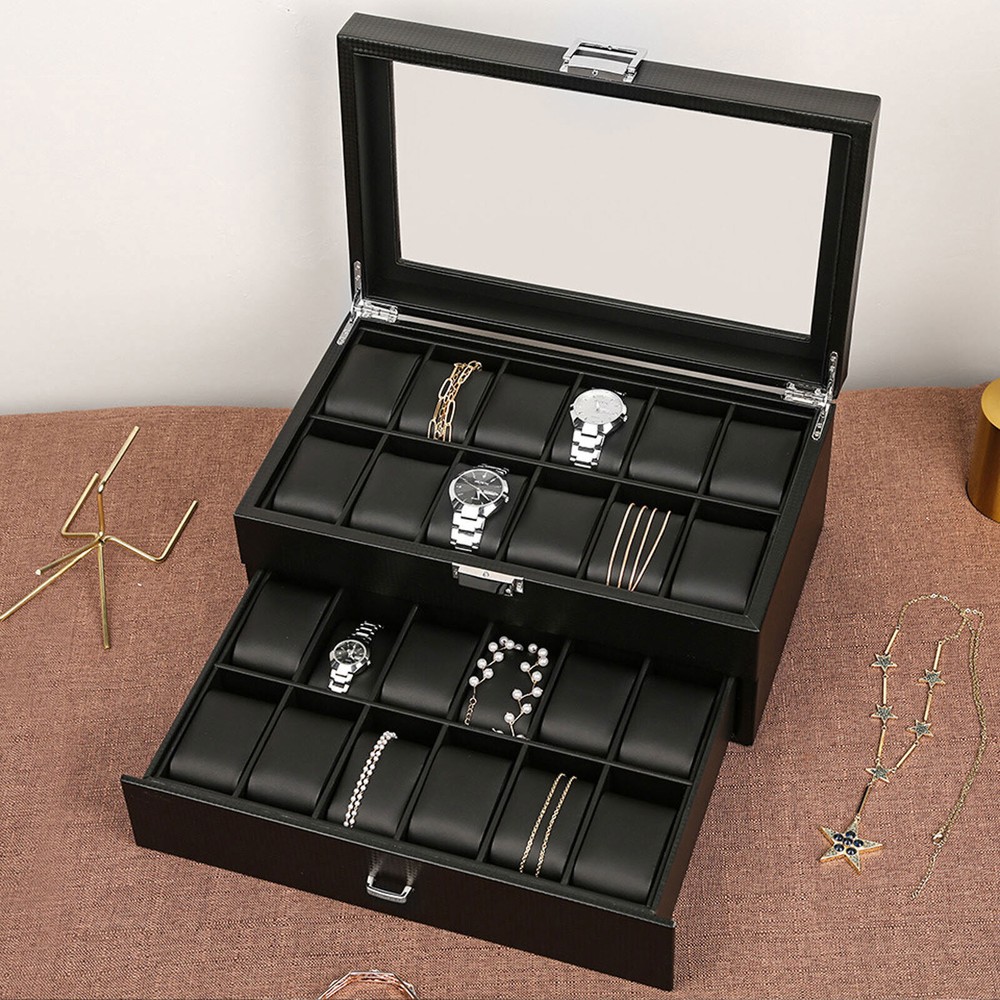 24 Slots Men Watch Storage Box Large Jewelry Display Case Organizer Holder Black
