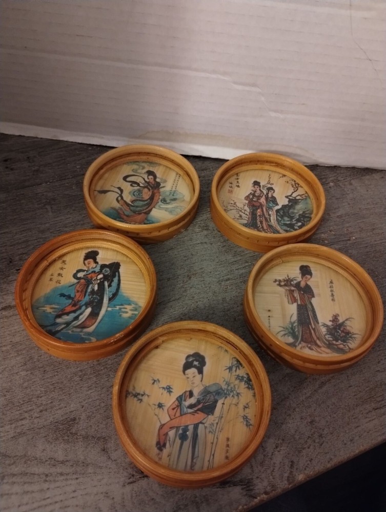 5 Asian Bamboo Coasters 3 1/4
