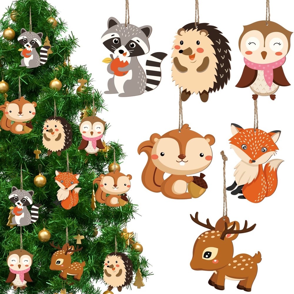 36 Pieces Forest Animal Wooden Ornaments Christmas Animal Wood Hanging Orname...