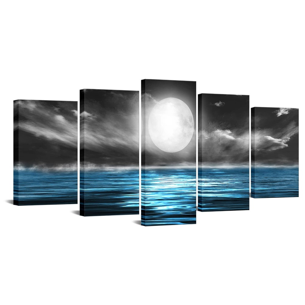 5 Panels Canvas Wall Art Moon Sea Ocean Landscape Pictures Print Black White ...
