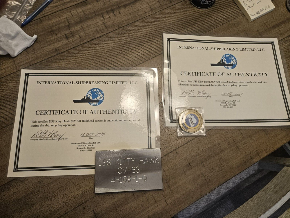 USS Kitty Hawk CV-63 BULKHEAD AND Challenge Coin COA ( Hull Deck Armor flight )