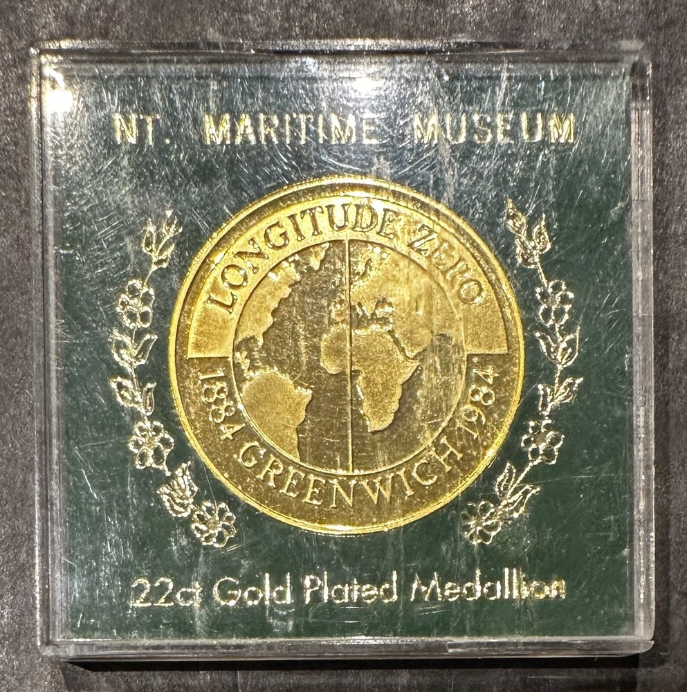 Longitude Zero 1884 Greenwich 1984 PROOF 22CT GOLD PLATED MEDAL/COIN CASED