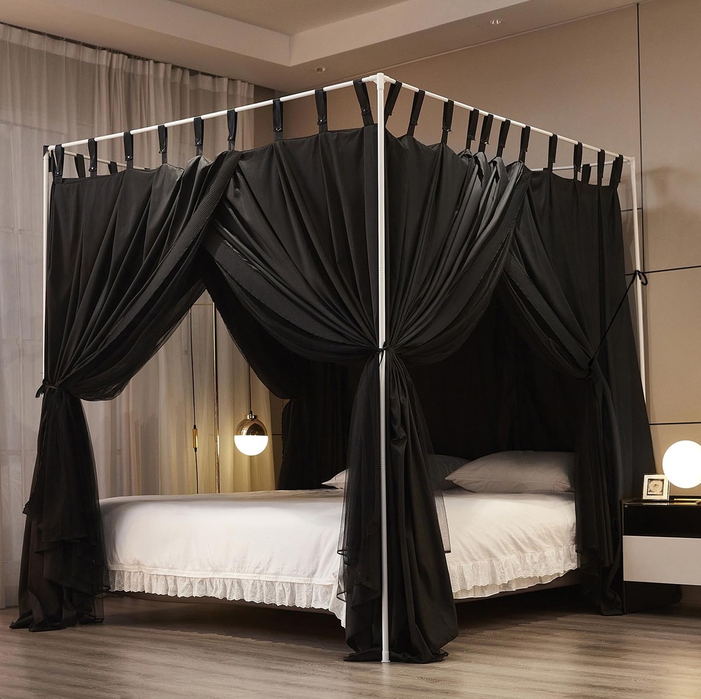 Canopy Bed Curtains with Bed Canopy,Double Layer Lightproof Queen Black
