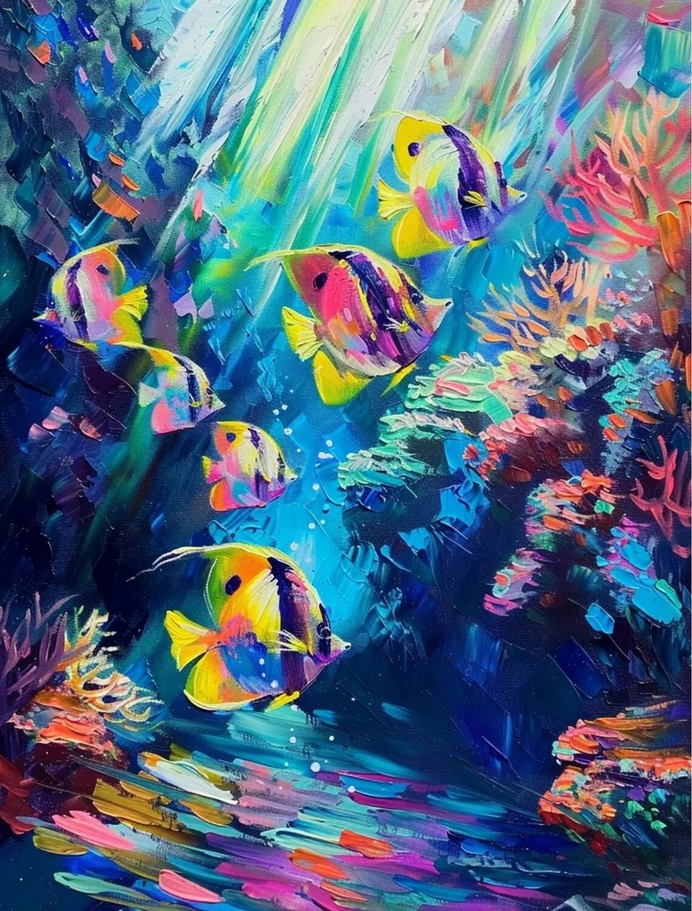 Multicolor Fish in The Sea Oil Paint Unframed Canvas Print Australian Wall Art