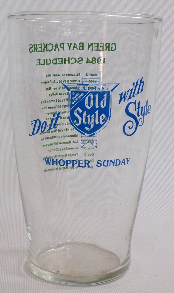 Green Bay Packers 1984 game Schedule, Heileman's Old Style LaCrosse, Beer glass