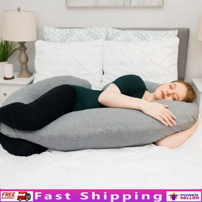 Total Body Pregnancy Pillow C-Shaped Gray Soft Jersey Cotton Support