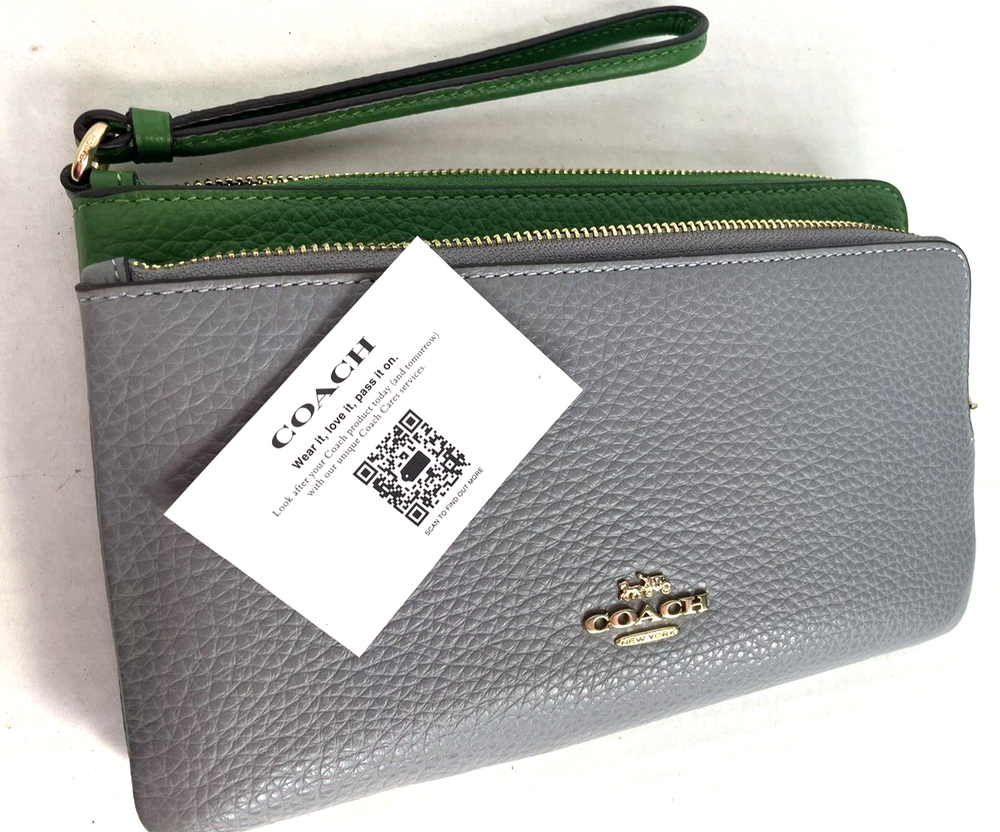 COACH Pebbled Leather Double Zip Wallet Wristlet Kelly Green Multi/$198/NWOT