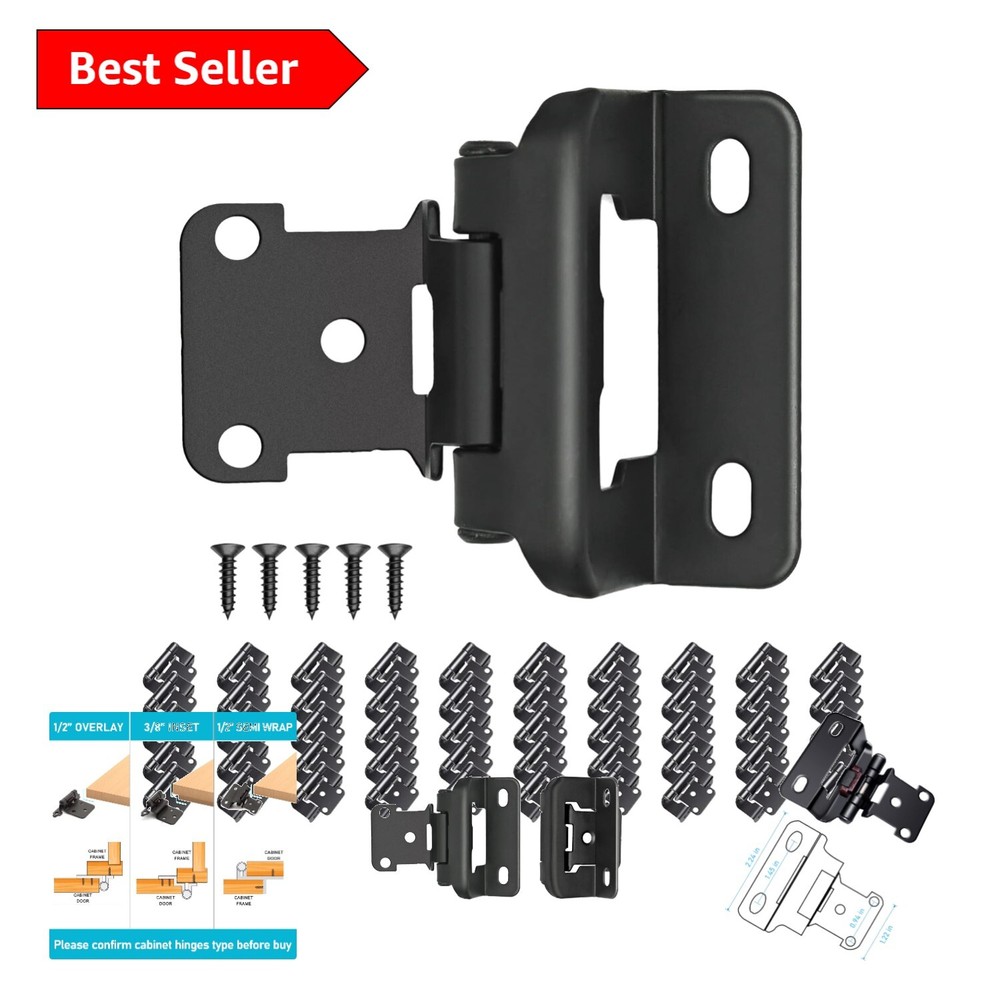Classic Matte Black Cabinet Hinges - 50 Self-Closing Partial Overlay Pairs