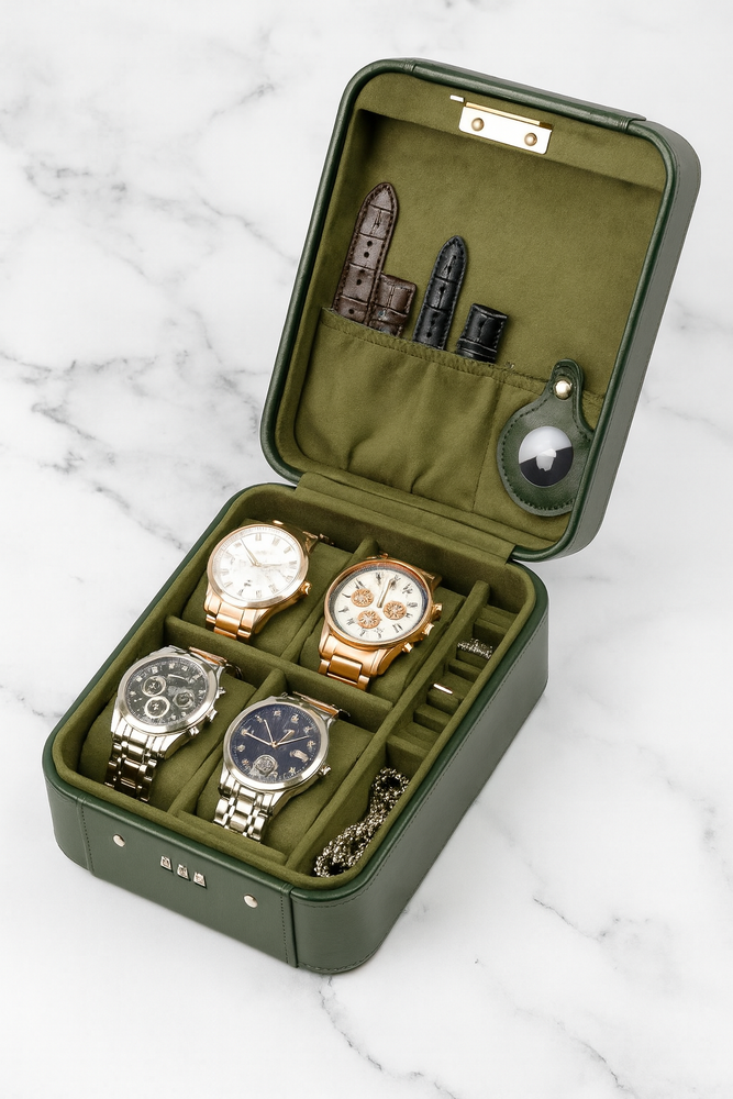 Green Leather Watch Box with Lock – Travel Case for Watches, Jewellery & Locator