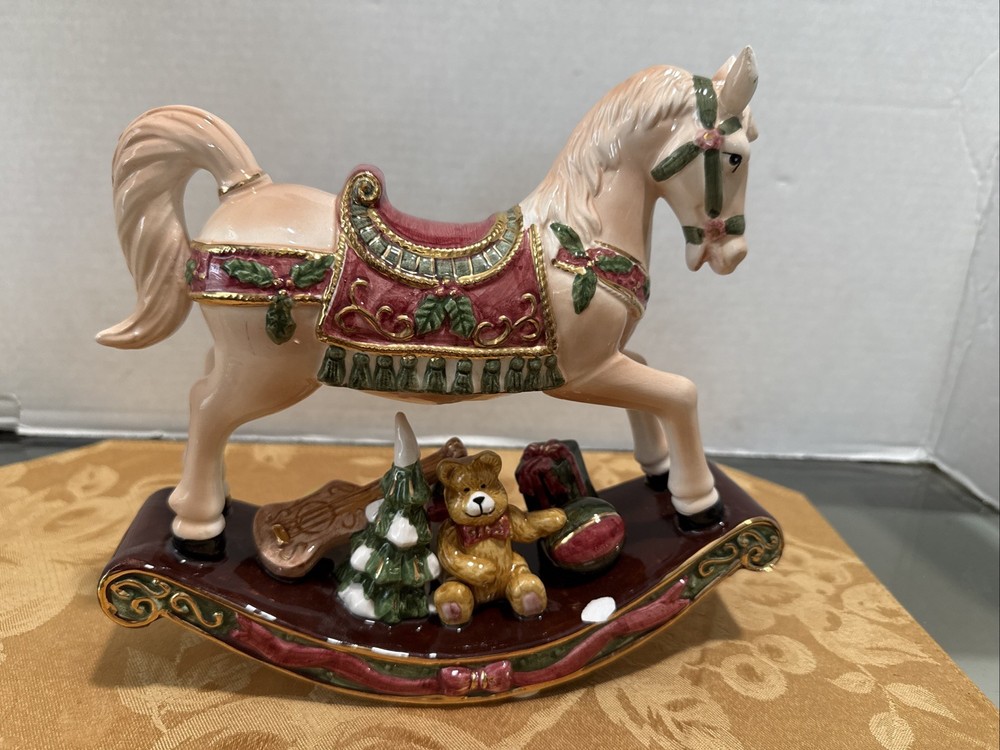 Vtg Christmas Rocking Horse Porcelain with Teddy Bear Hand Painted Medium