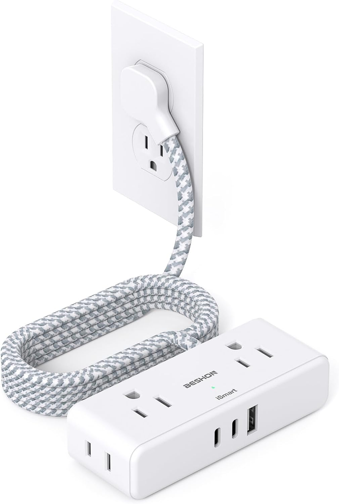 Flat Extension Cord 6 Feet, Flat Plug Power Strip, 4 Widely Outlets with 3 USB P