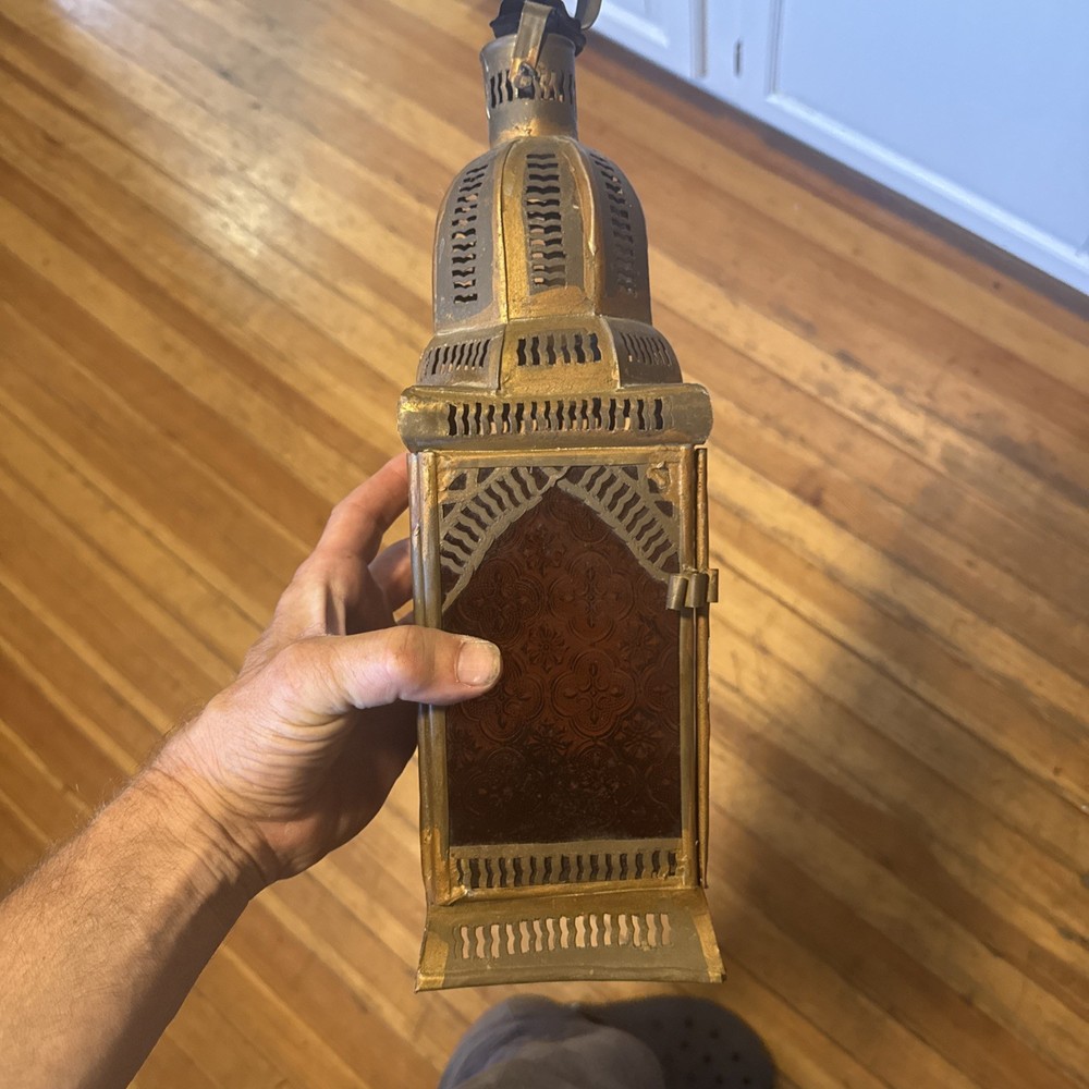 15-Inch Multicolor Moroccan Glass & Metal Candle Lantern with 4 Panels  