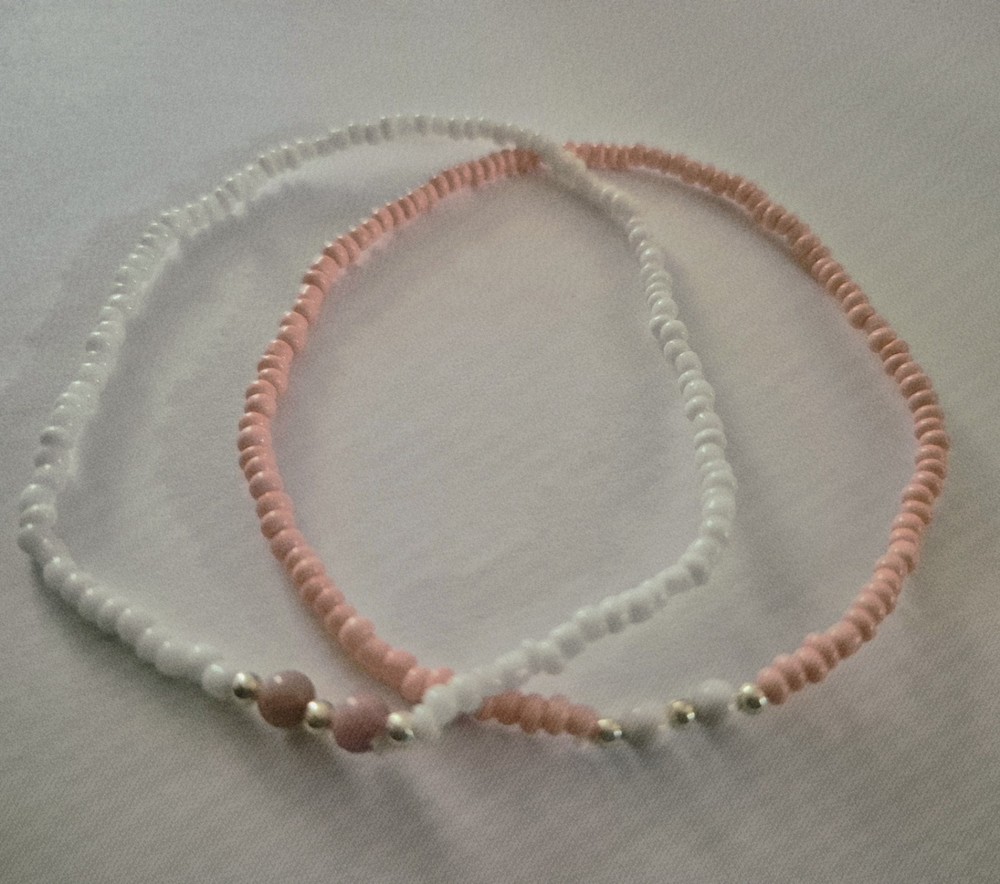 Set of 2 Glass Bead Elastic Pink and White ankle bracelet foot anklet  25cm
