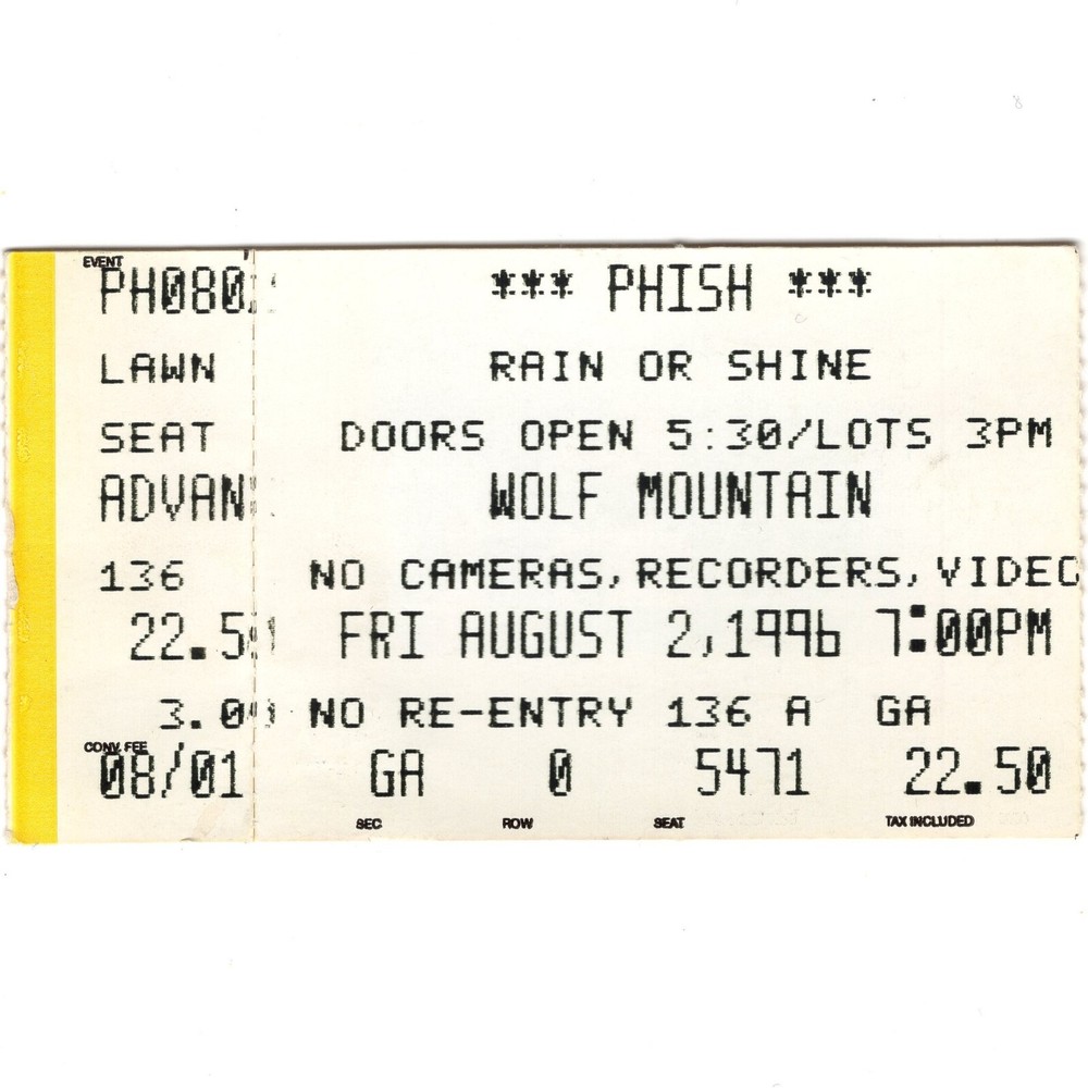 PHISH Concert Ticket Stub PARK CITY UT 8/2/96 WOLF MOUNTAIN THE SUMMER TOUR Rare