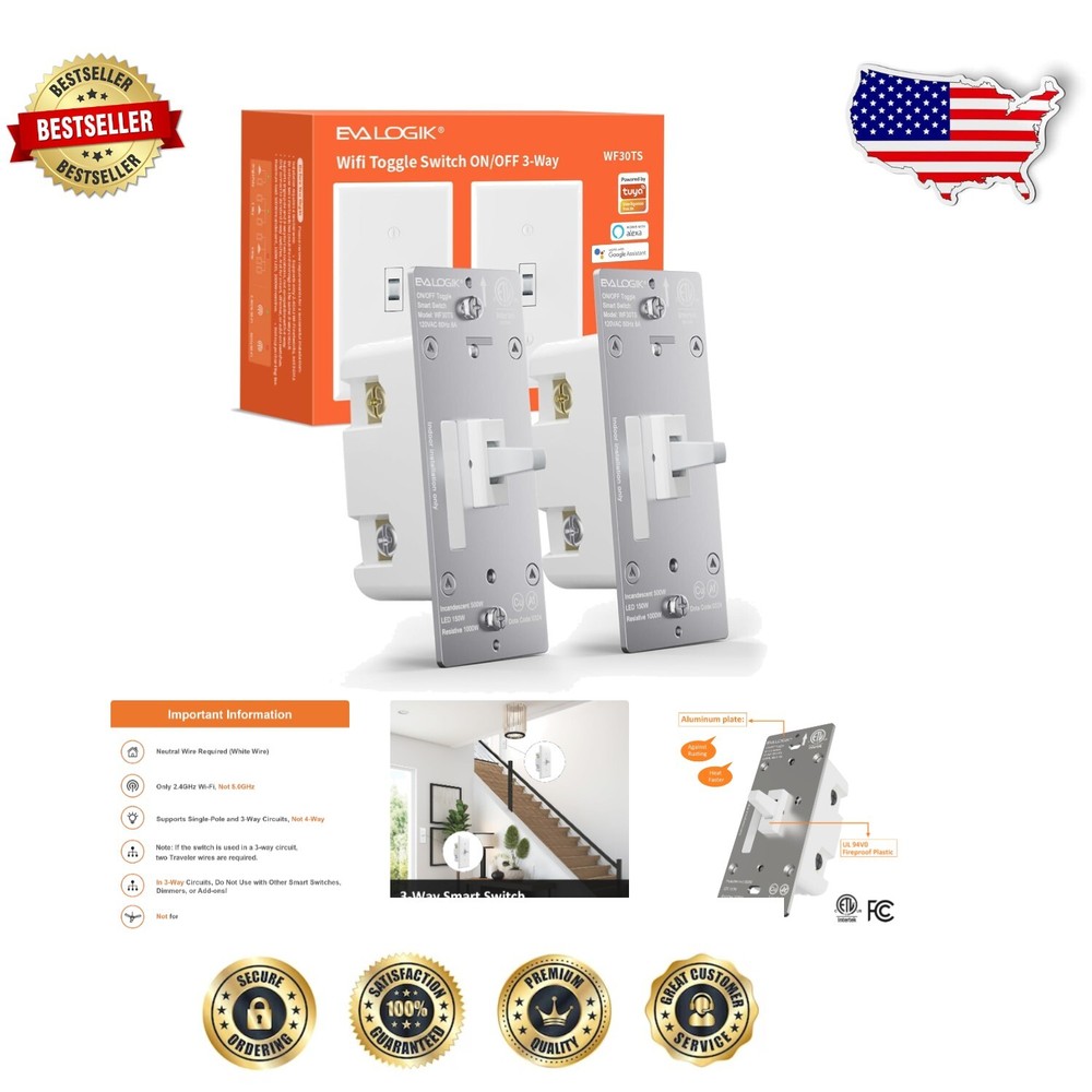 Voice-Controlled 3-Way Smart Light Switch with Ultra-Safe Design Needs Neutral Wire-image