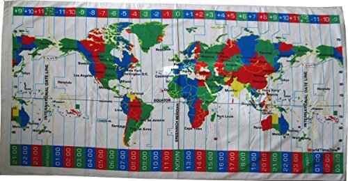 World Time Zones White Color Velour Beach Towel 30x60 Inches