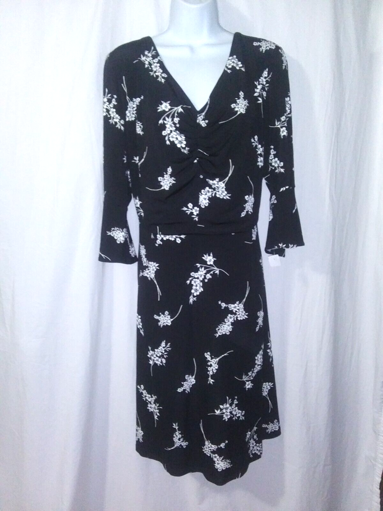 NorthStyle 24W Black White Floral Jersey Knit Ruched v-Neck 3/4 Slv Dress~NEW~QS