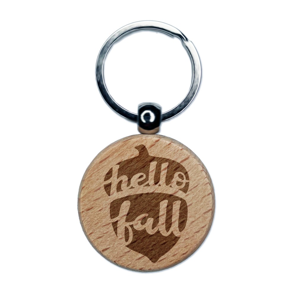 Hello Fall Acorn Engraved Wood Round Keychain Tag Charm