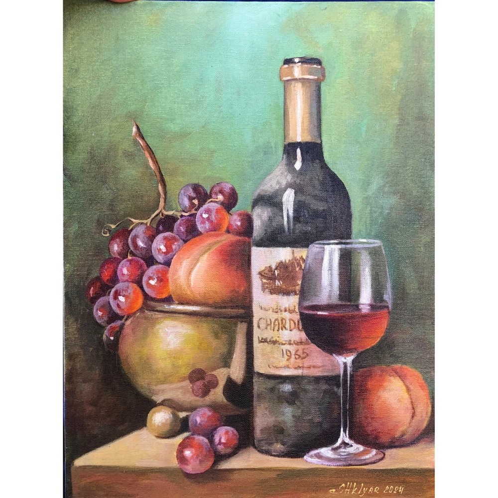 Still Life Wine Bottle Original Oil Painting Fruit  Wall Art Grapes and Peaches