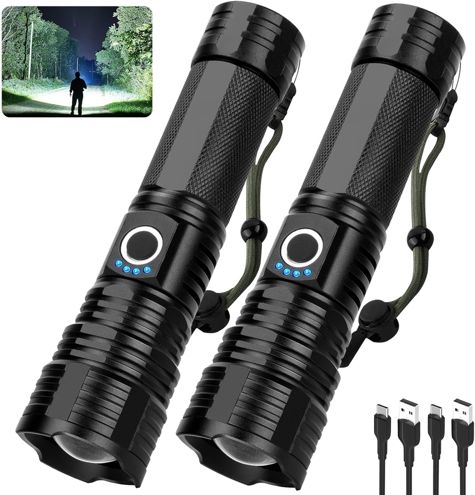 2-Pack Ultra-Bright Rechargeable Flashlight with 900,000 Lumens – 5 Light Modes for Home, Camping, and Outdoor Adventures
