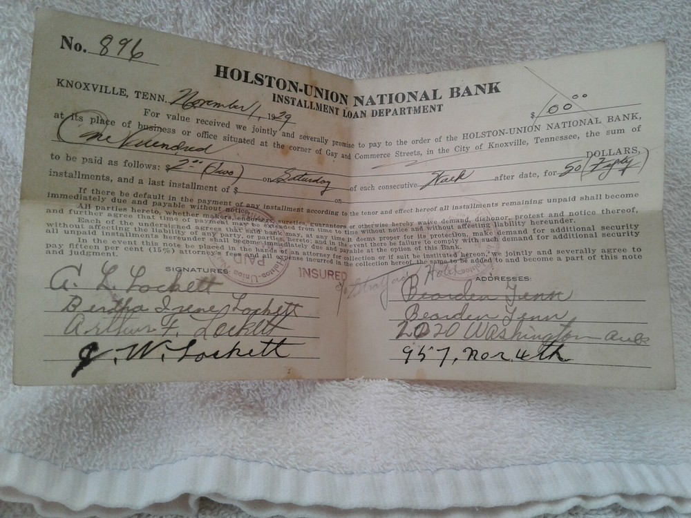 1929 Holston Union National Bank installment loan receipt Knoxville TN vintage stamped-image