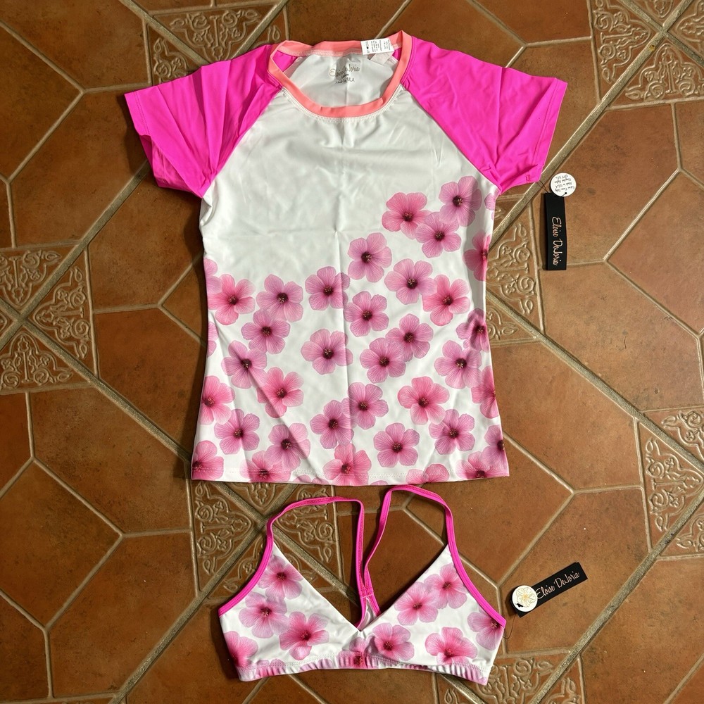 Eloise DeJoria White Pink Floral Sports Bra and Workout Top Set Women Size M