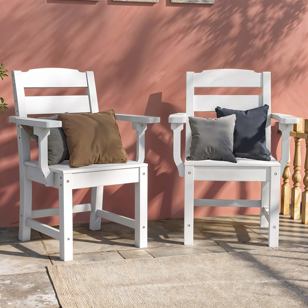 2 White Outdoor Patio Chairs with Armrests & High Backrests