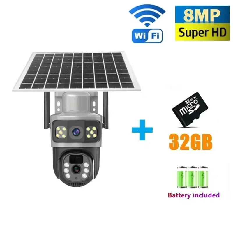 8MP Dual Lens Solar Battery Outdoor Wireless Security Camera CCTV Auto Tracking
