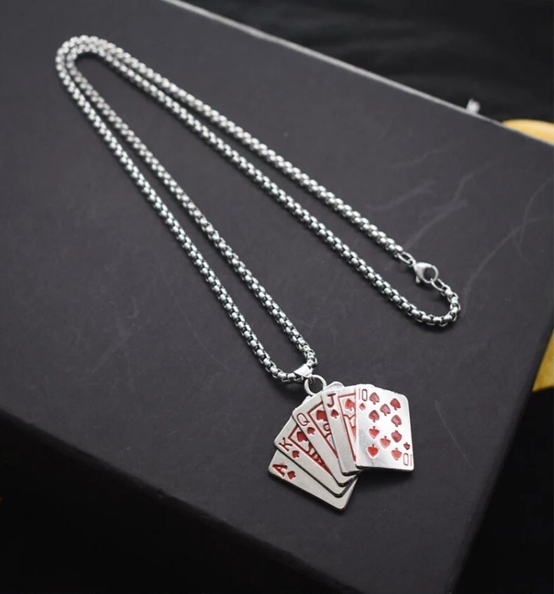Royal Flush Necklace - Red Hearts, Stainless Steel Poker Pendant, Gambling