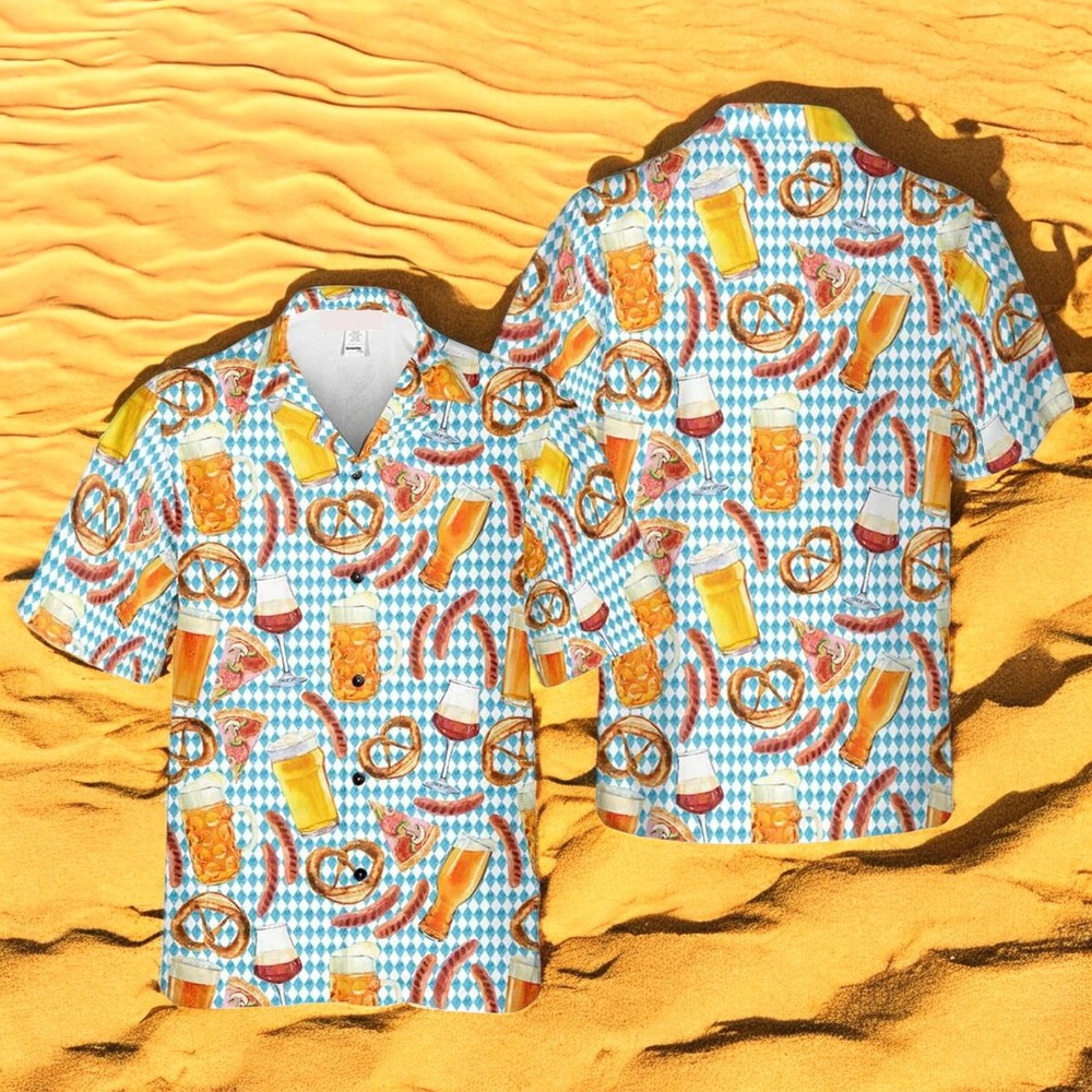 Oktoberfest Beer Pretzels Sausage Blue Checkered Pattern Aloha Hawaiian Shirt