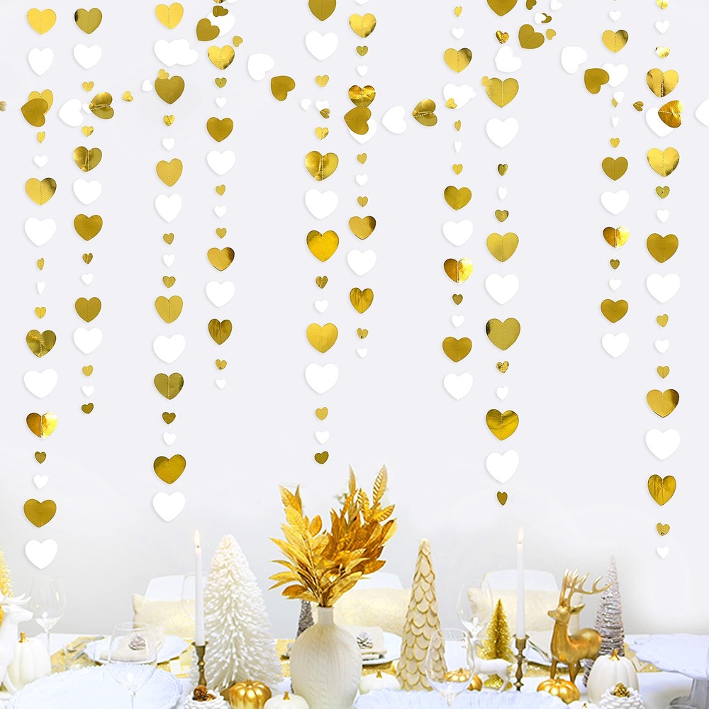 Valentines Day Party Decoration White and Gold Heart Garland Hanging Love Hea