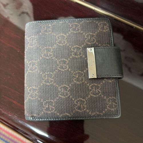 GUCCI GG Canvas Brown Leather Bi-fold Compact Wallet 2947  