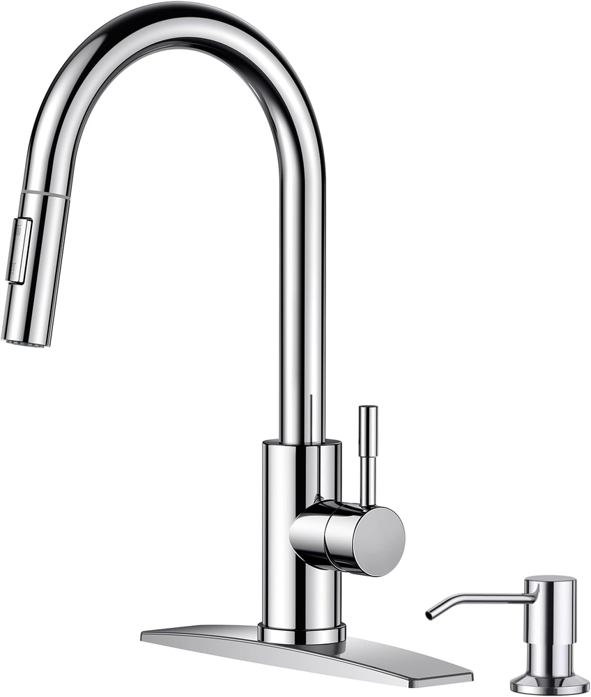 Modern High Arc Chrome Kitchen Faucet with Pull-Down Sprayer & Soap Dispenser