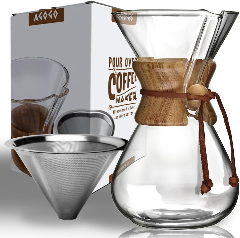 Glass Pour Over Coffee Maker with 304 Stainless Filter - 6/8/10 Cup Barista Kit