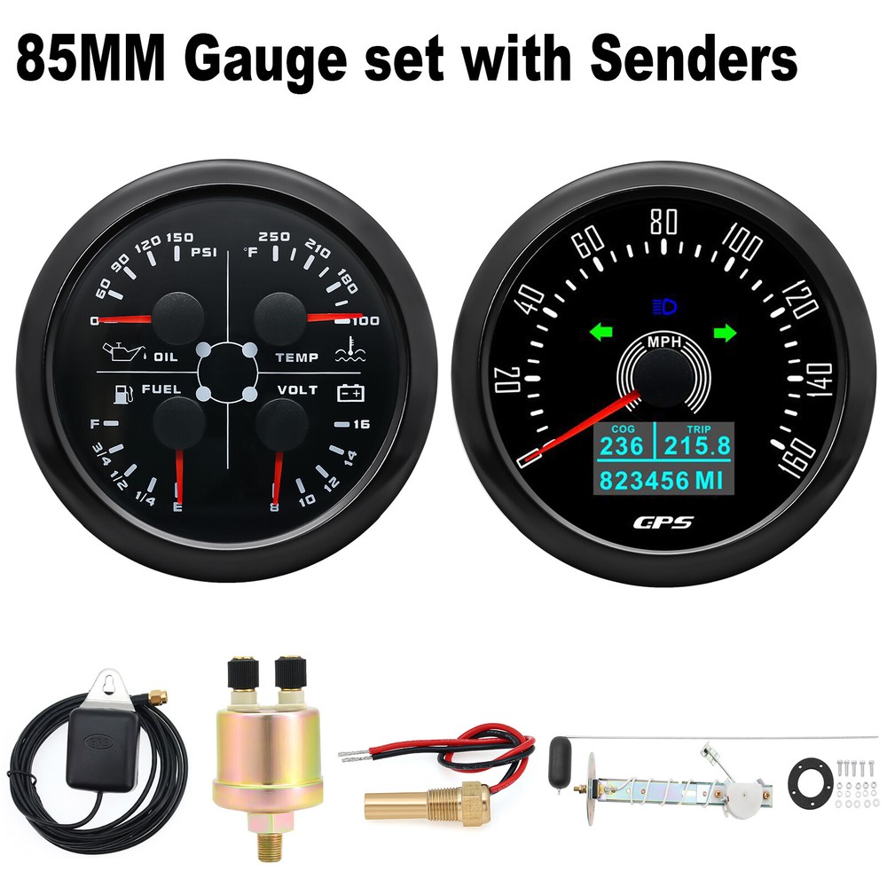 85mm 2 Gauge GPS Speedometer 0-160MPH with Fuel Oil Temp Volt Sensors