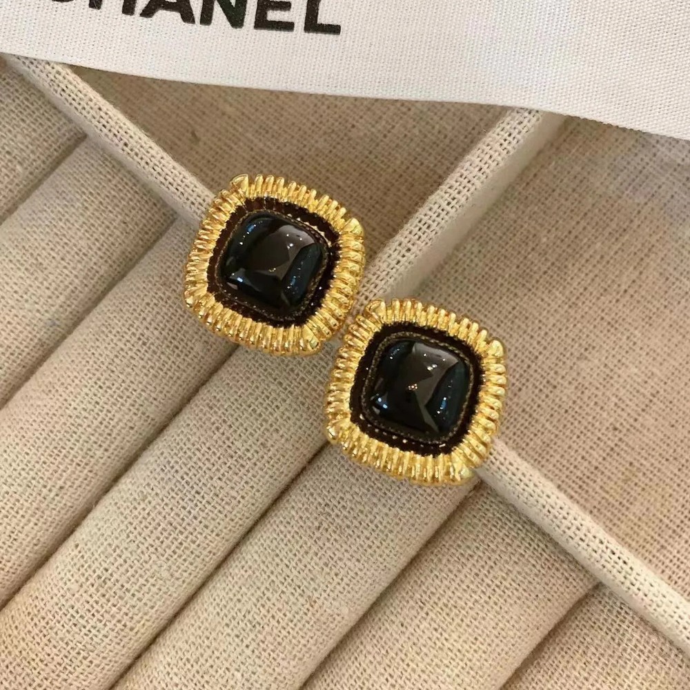 Retro Square Black Agate Metal Earrings Fashion Niche Design Sense Women Light L