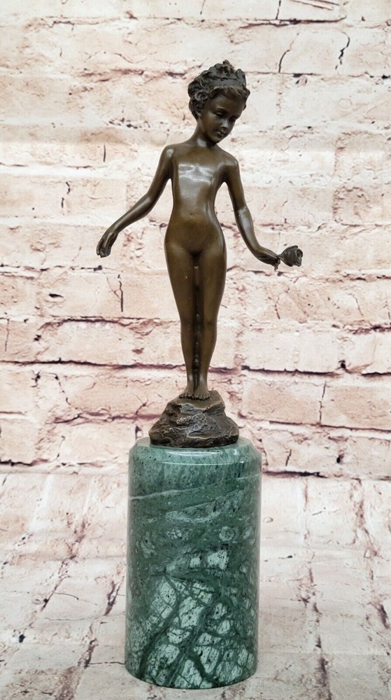 Art Deco Nude Girl Holding Rose Flower Bronze Sculpture Statue Figurine Art Deco