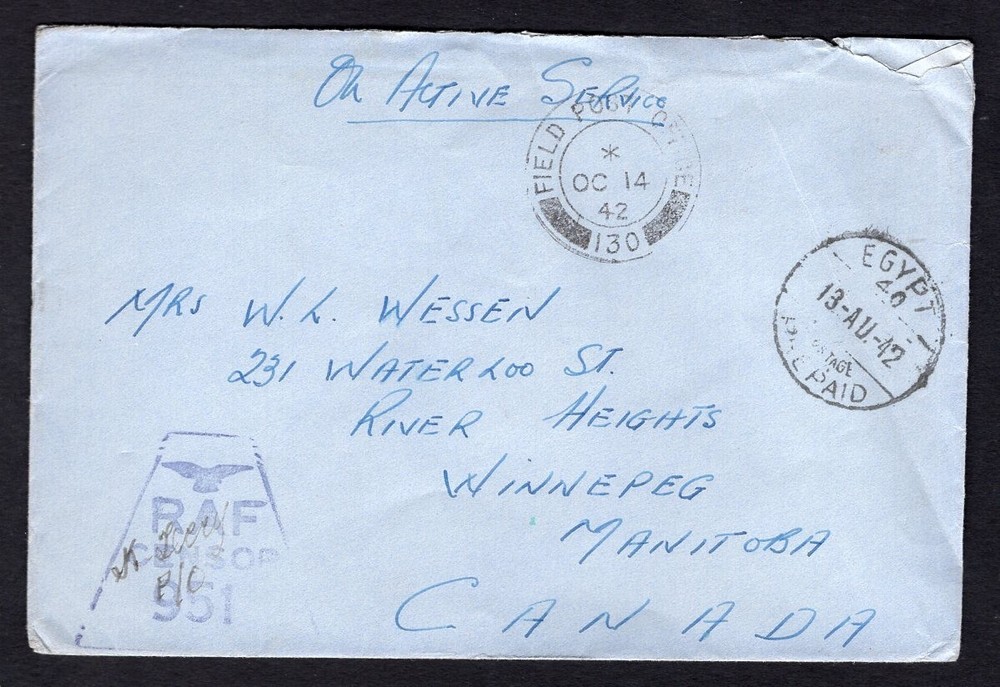Canada WW2 Military 1945 Cover from Egypt to Winnipeg. RAF Censored