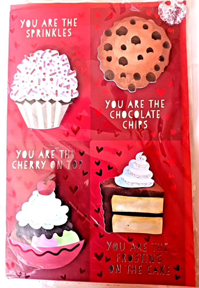 CARDBOARD VALENTINE W/RAISED CUPCAKE/COOKIE/SUNDAE/CAKE VALENTINE RETAILS $4.25