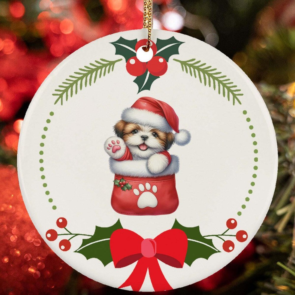 Cute Shih Tzu Puppy Dog Pocket Lover Wreath Christmas Ornament Gift Decor