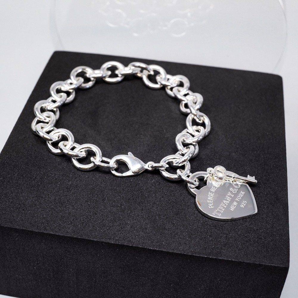 Tiffany & Co. 925 Silver Key Heart Tag Bracelet 20cm With Gift Box Set