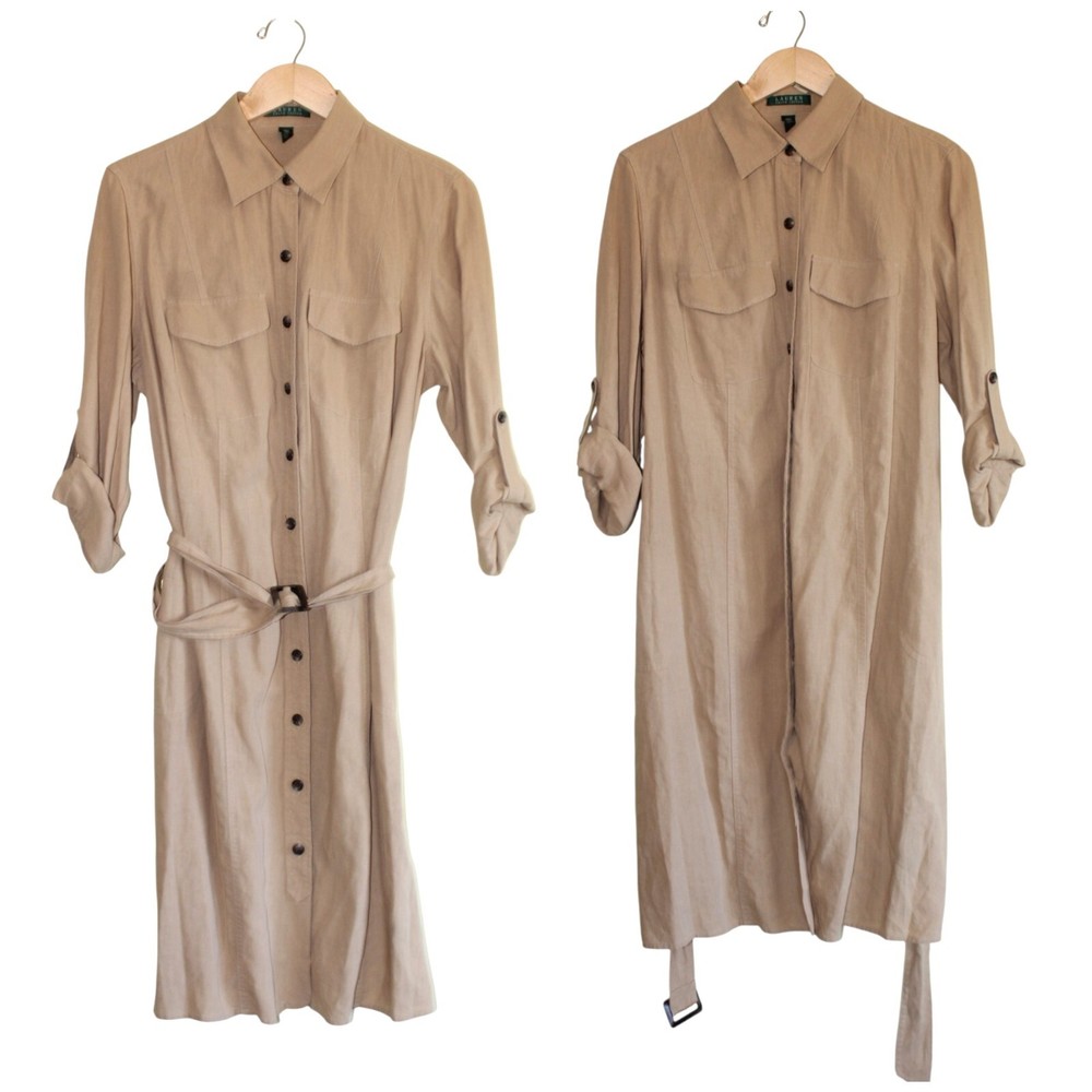 Lauren Ralph Lauren Belted Shirtdress Linen Midi Safari Size 14W Button Front