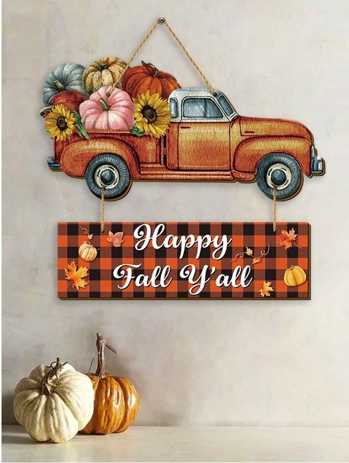 Autumn Farmhouse Wooden Hanging Rustic Truck Sign Happy Fall Y'all Harvest